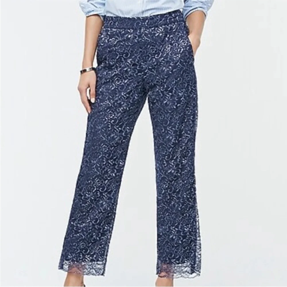 J. Crew Blue Lace Wide Leg Pants with Elegant Print and metallic silver thread - Picture 1 of 12